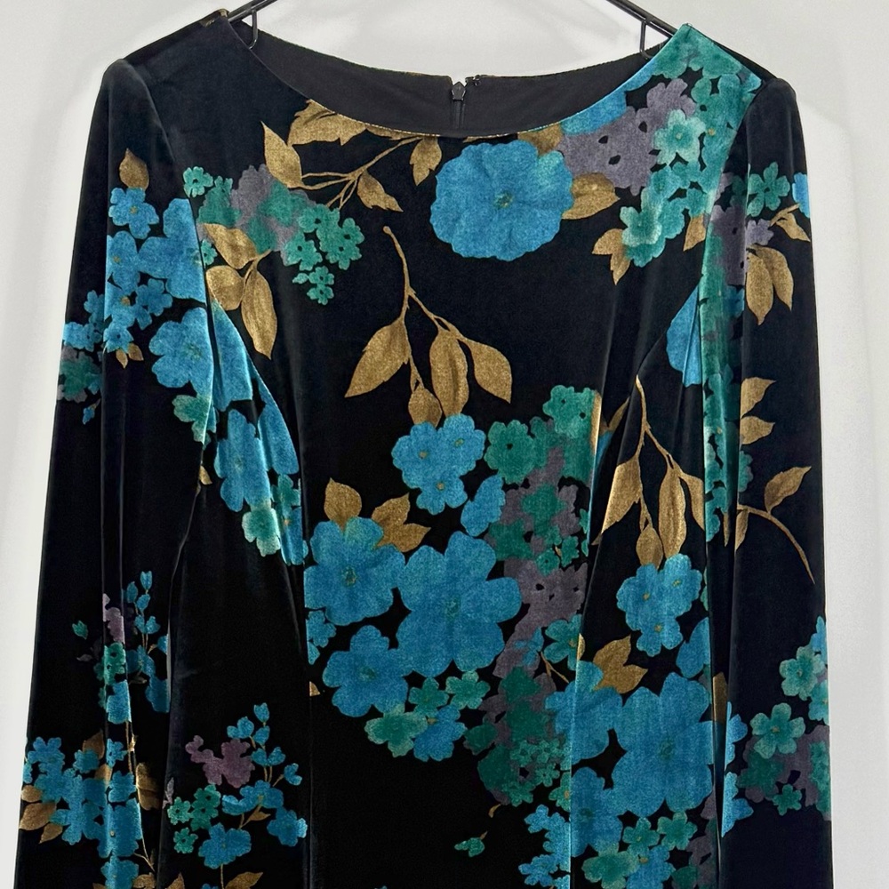 David Warren Vintage Velvet Floral Pattern Maxi Dress, Black Blue Gold, Size M - Picture 5 of 9